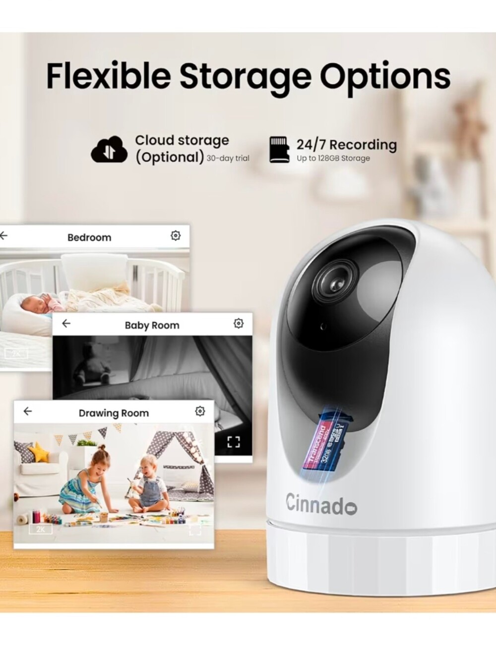 (3-Camera Bundle) Cinnado 2K Indoor Security Camera | Alexa Compatible